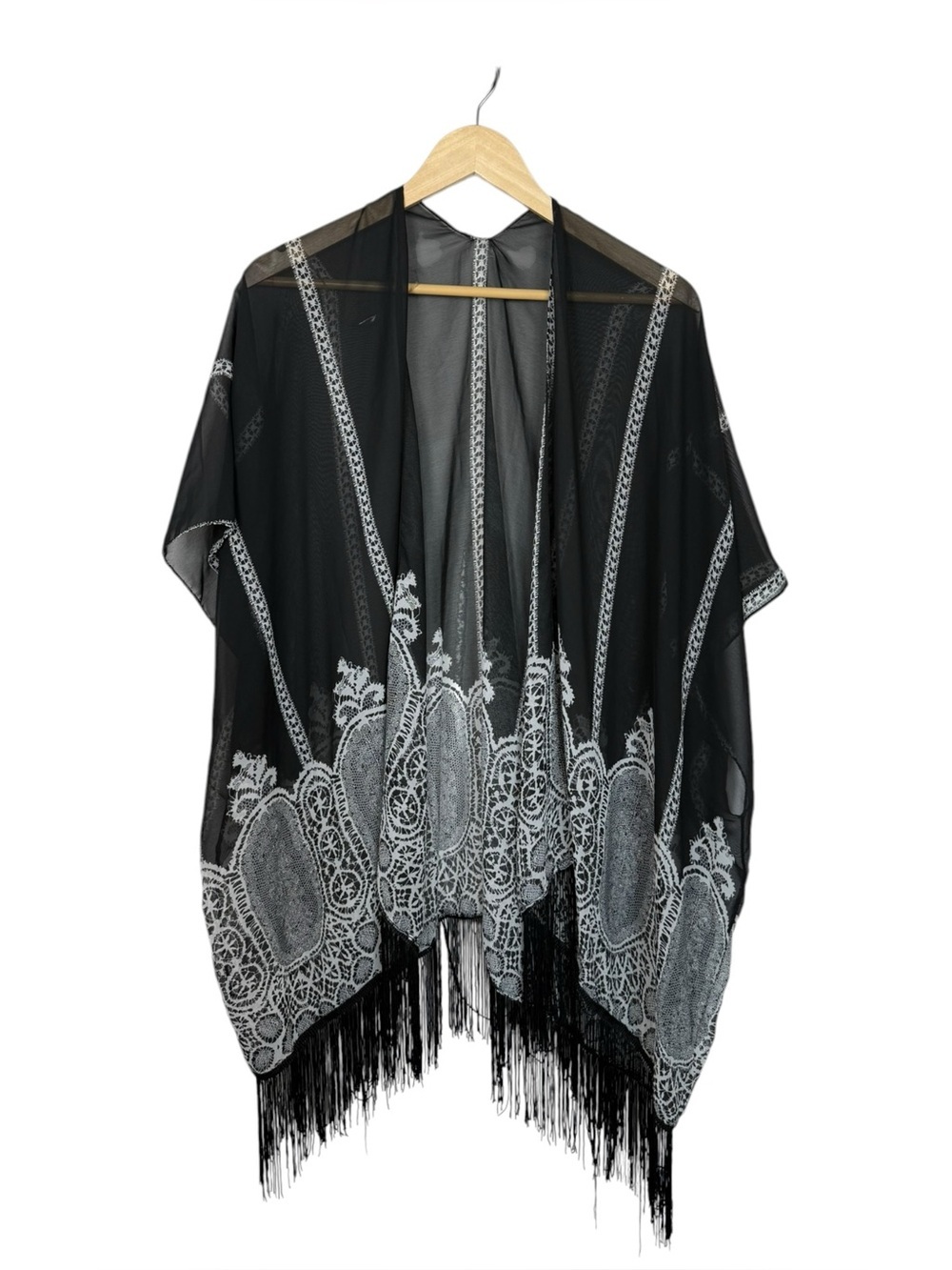 Cruise Club Sheer Fringe Kimono Cover Up Black White Lace One Size Boho